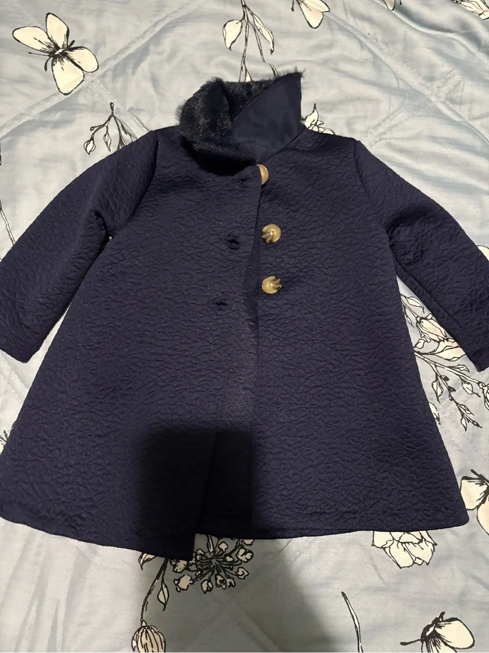Girls' Navy Quilted Coat with Faux Fur Collar